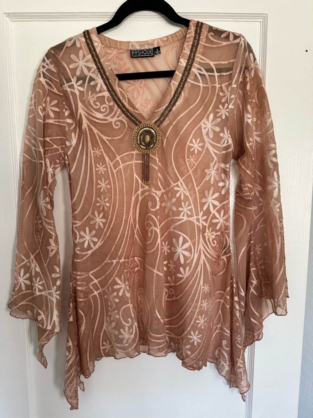 Blush Sheer Embroidered V-Neck Tunic